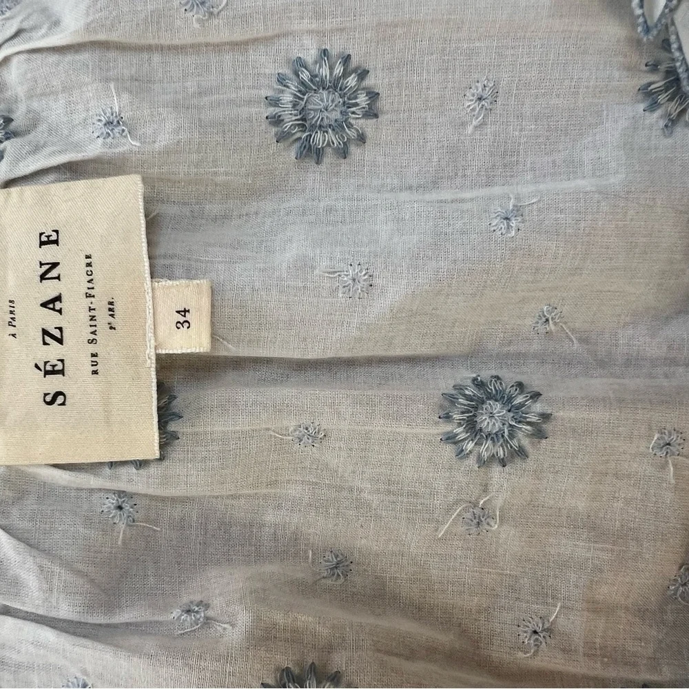 Sezane Kellia shirt size 34/2 blue ecru daisies EUC - Picture 4 of 5